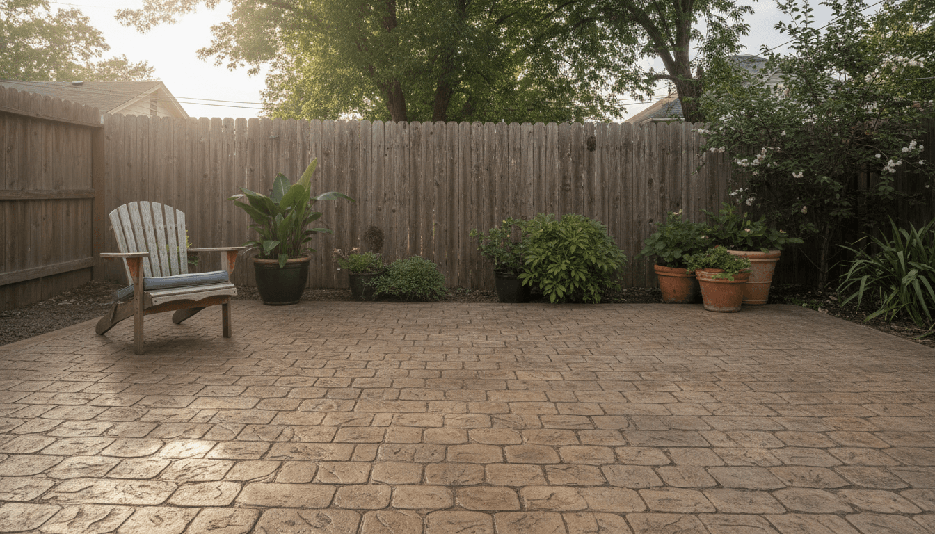 Finished stamped concrete patio with cobblestone pattern in a backyard setting