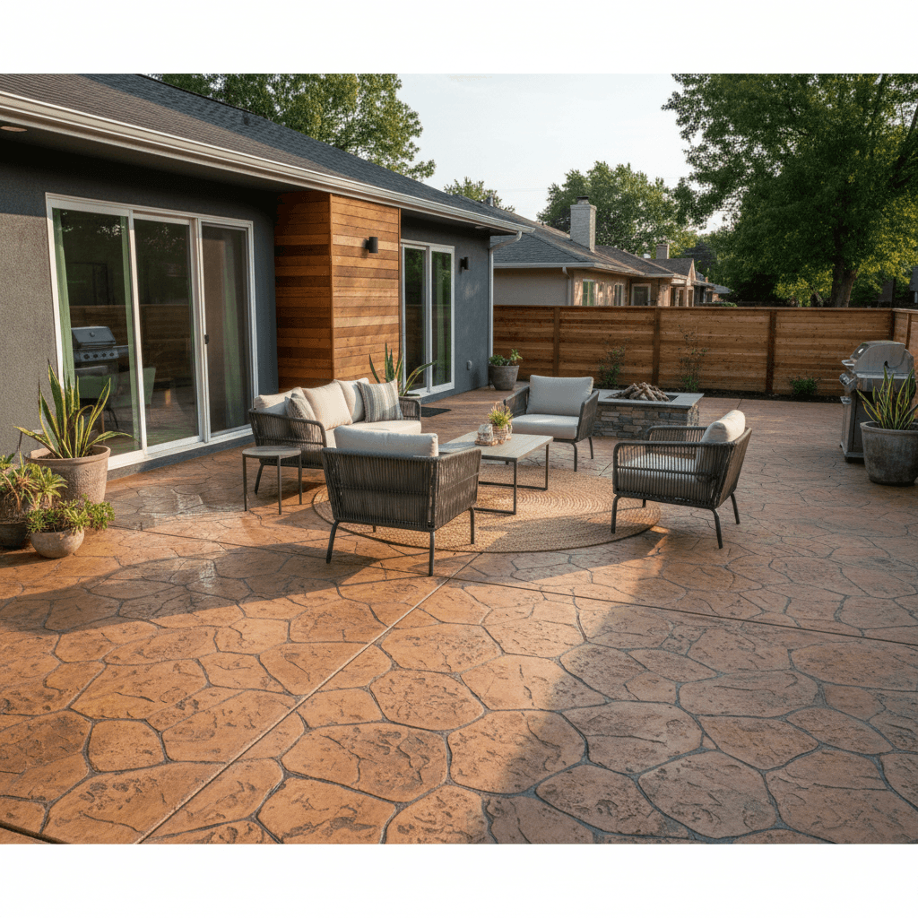 Decorative stamped concrete patio in backyard with warm tones.