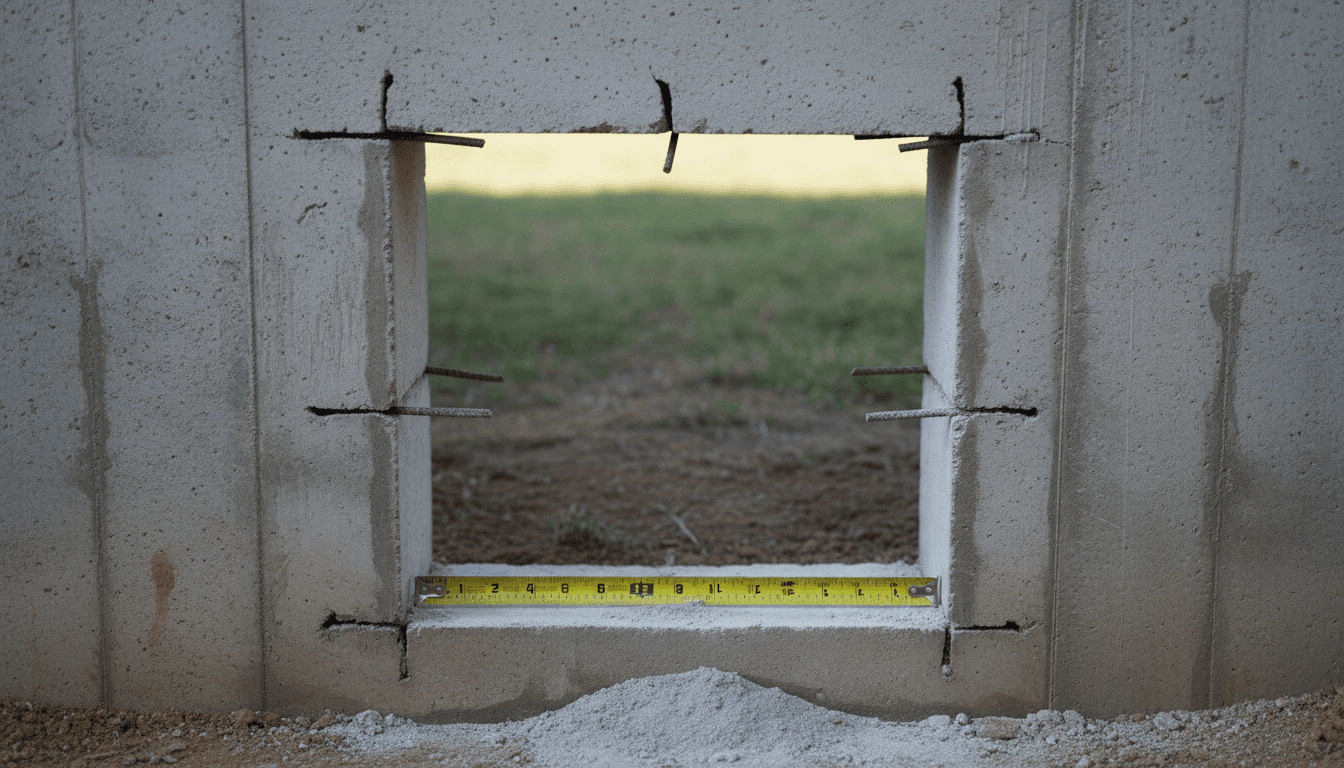 Saw-cut egress window opening in a concrete foundation wall