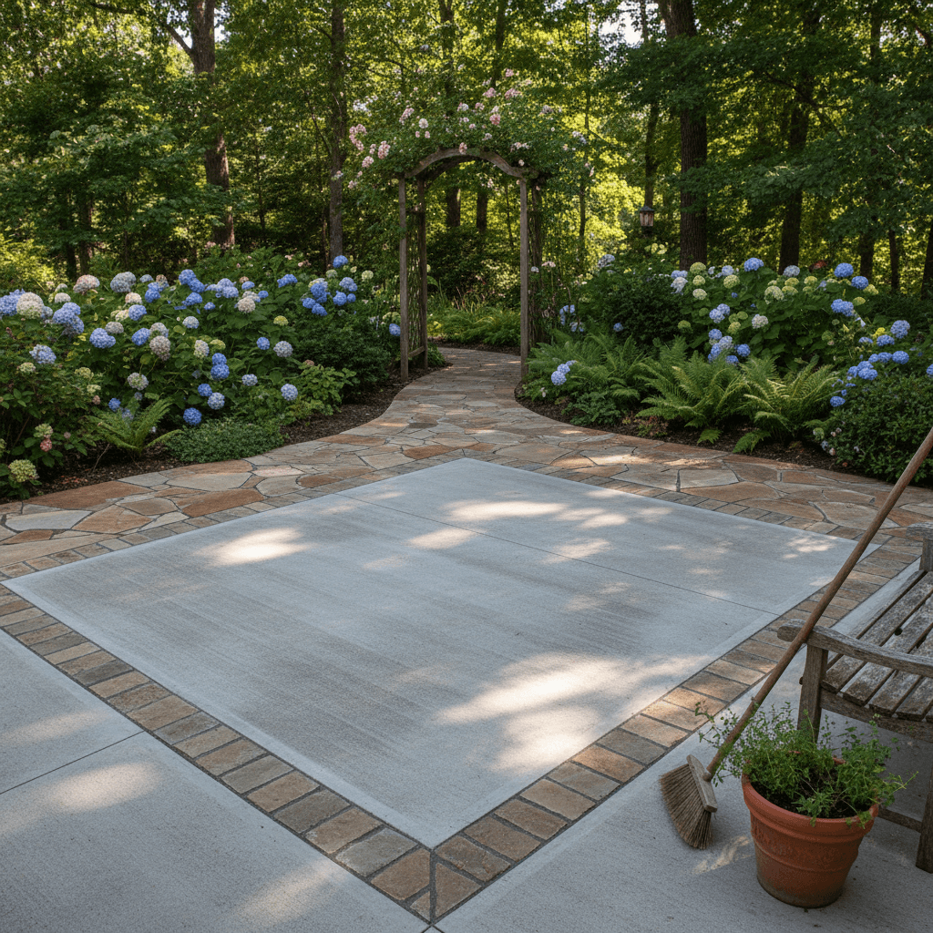 Broom finish concrete patio with decorative border