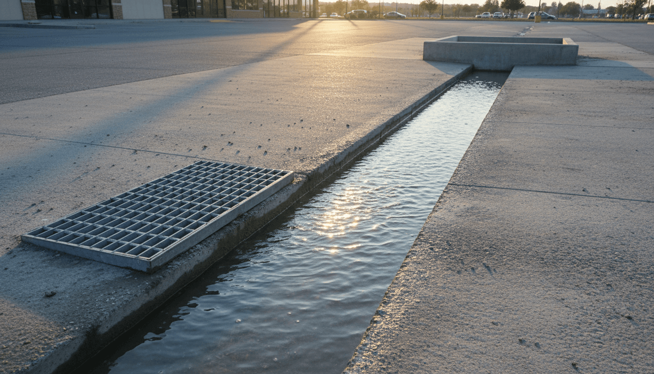 Concrete trench drain installation on a commercial property