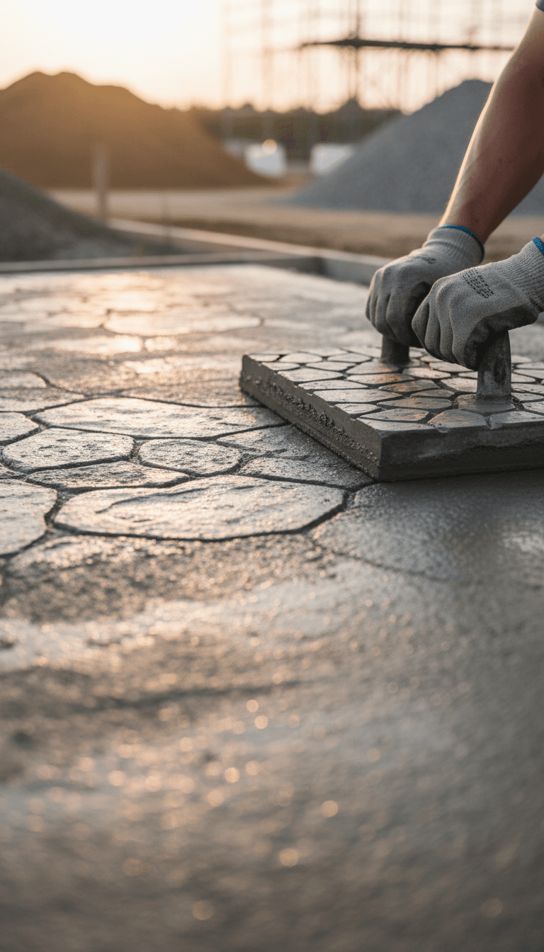 Hands holding a concrete stamping tool over fresh concrete