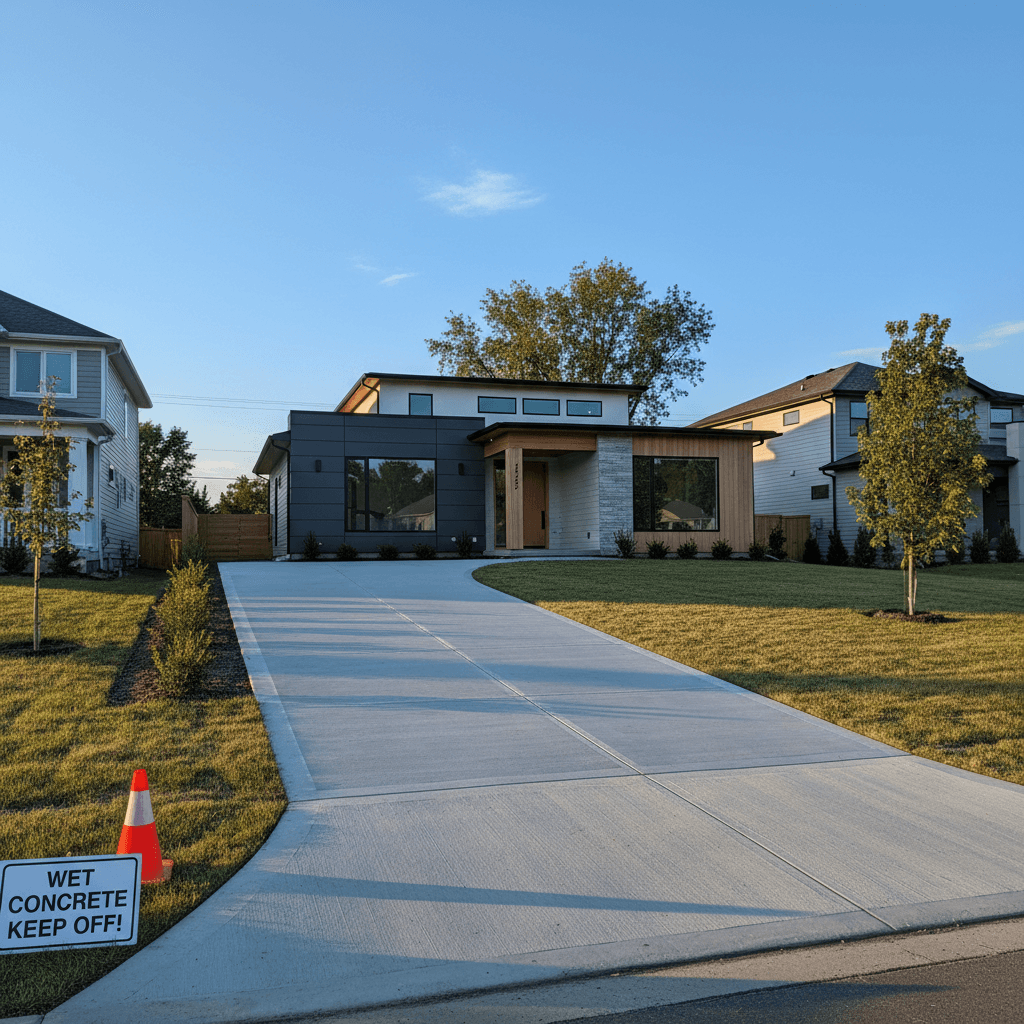 New concrete driveway with broom finish leading to modern house