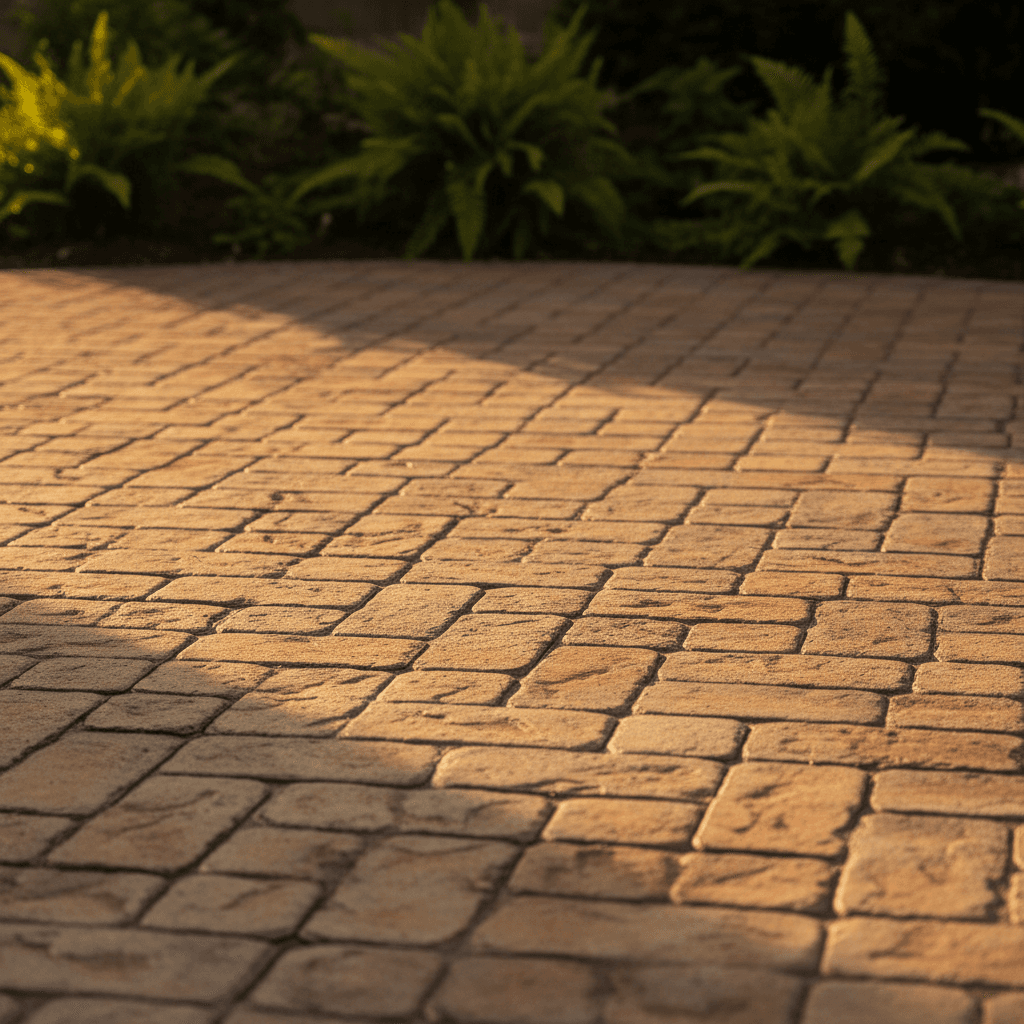 Stamped concrete pattern with warm lighting