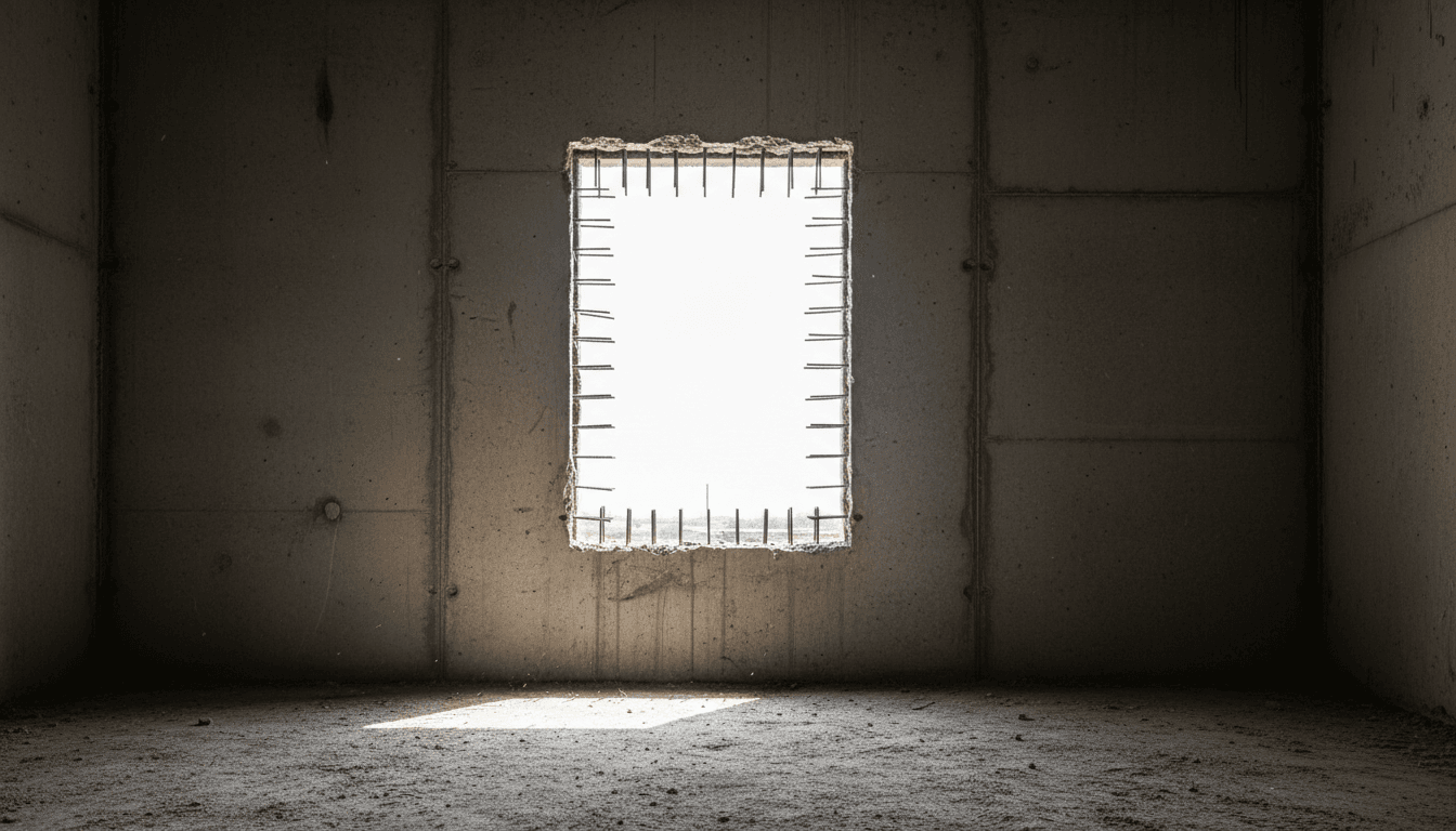 Precision saw-cut egress window opening in a concrete foundation wall