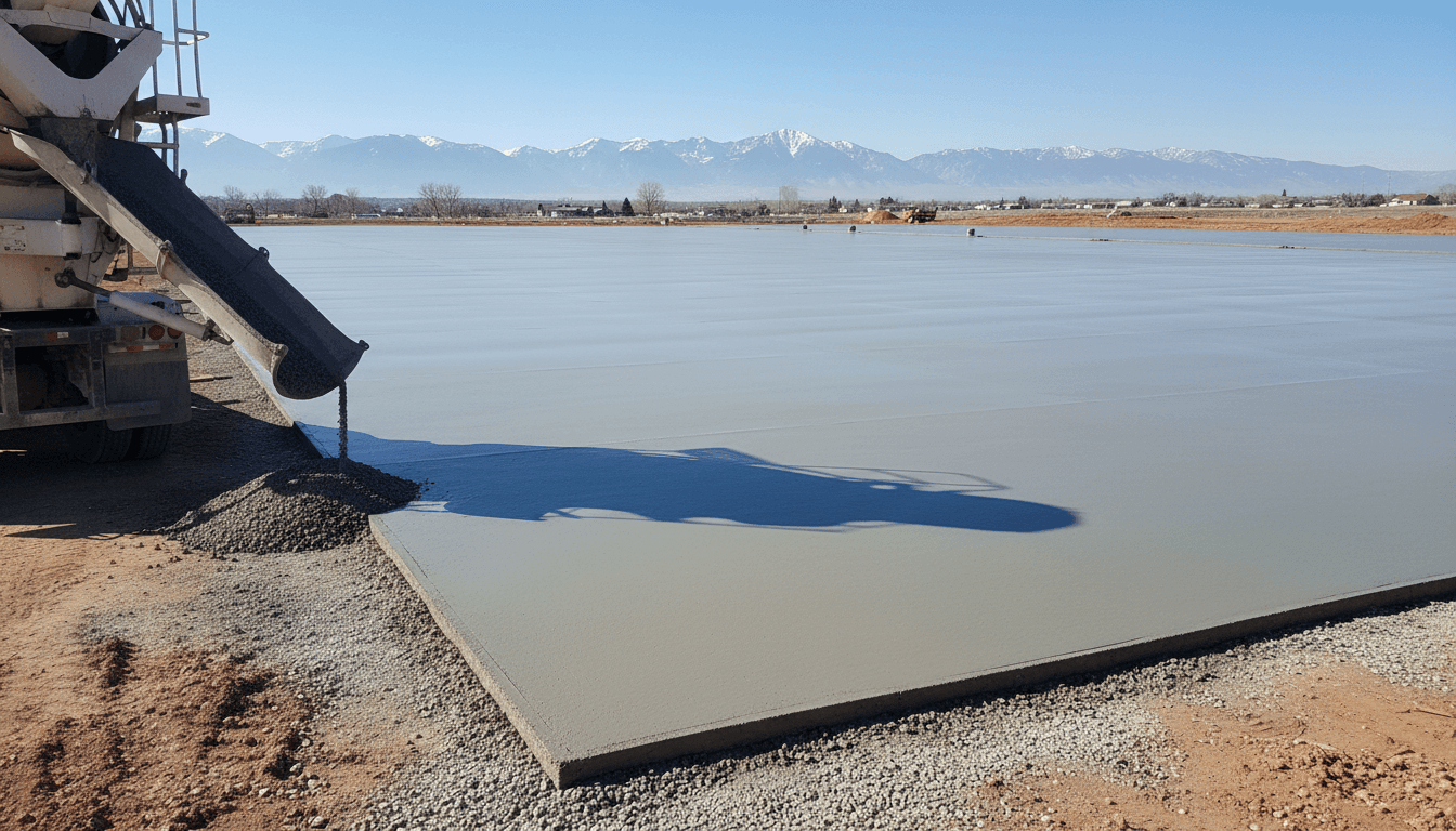 Freshly poured commercial concrete slab for a parking lot in Commerce City
