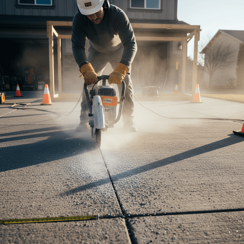 Concrete saw cutting straight line on driveway for egress opening