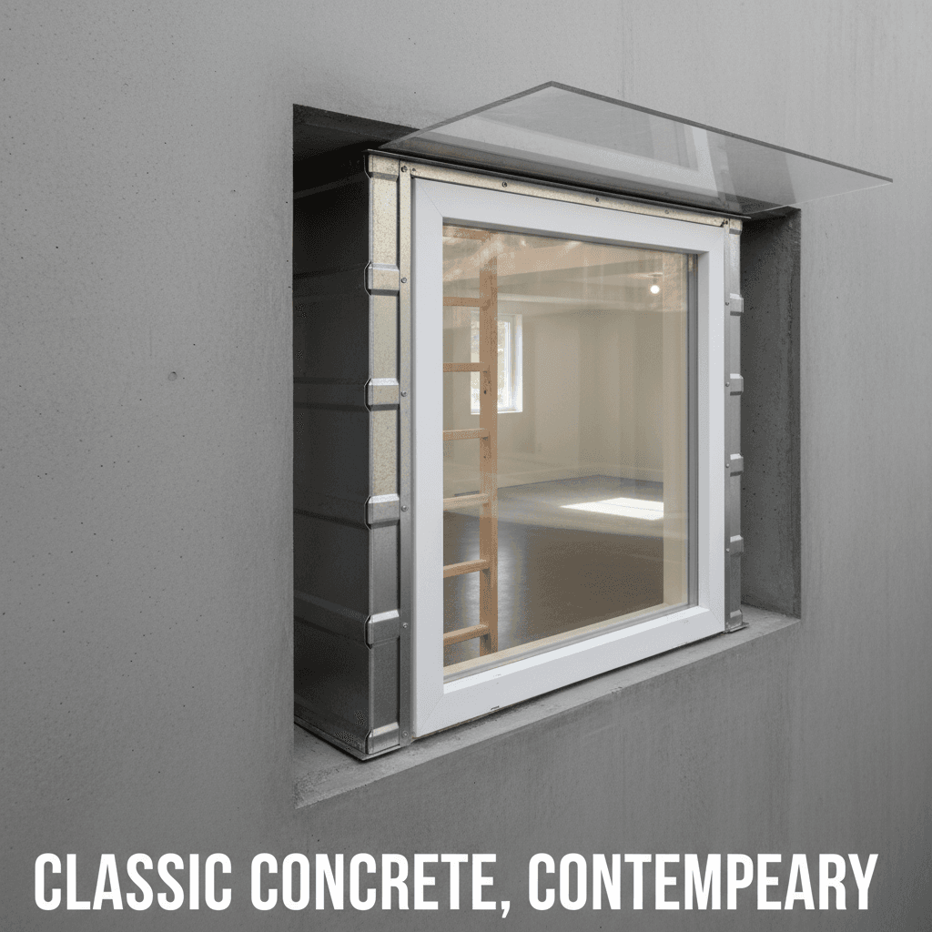 Egress window installed in a smooth concrete foundation, modern residential setting