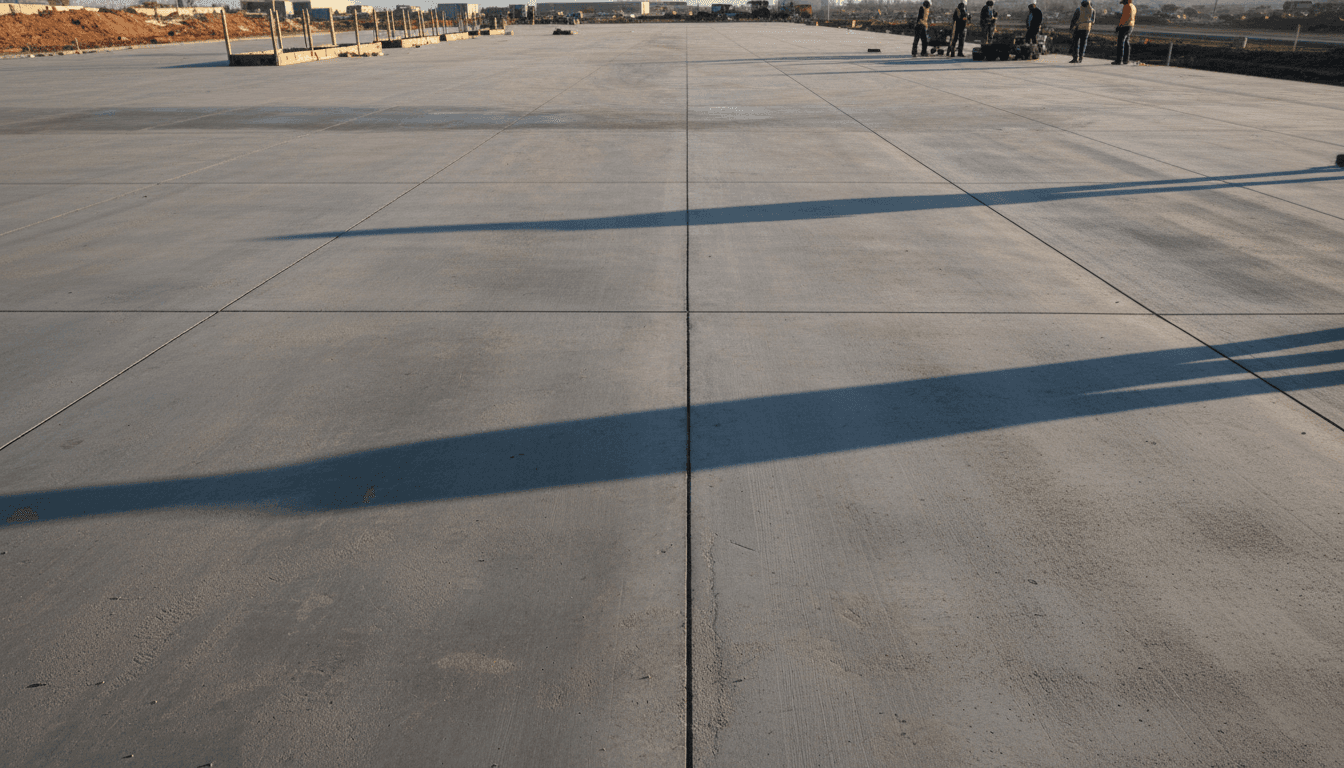 Freshly poured commercial parking lot with saw-cut lines in Commerce City