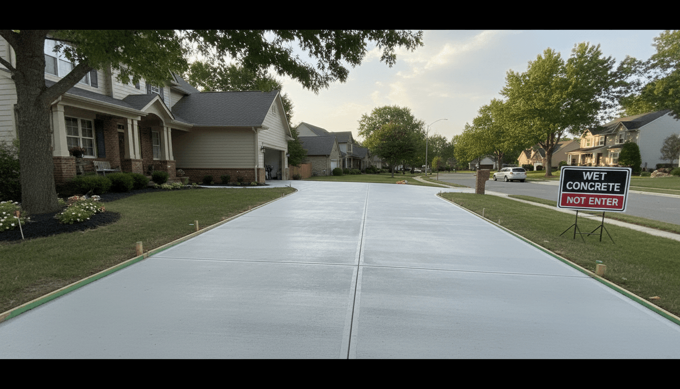 Freshly poured concrete driveway with smooth finish