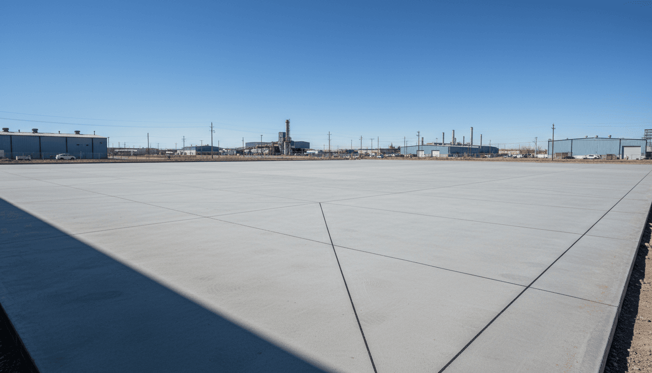 Freshly poured concrete lot with expansion joints, industrial background, documentary style