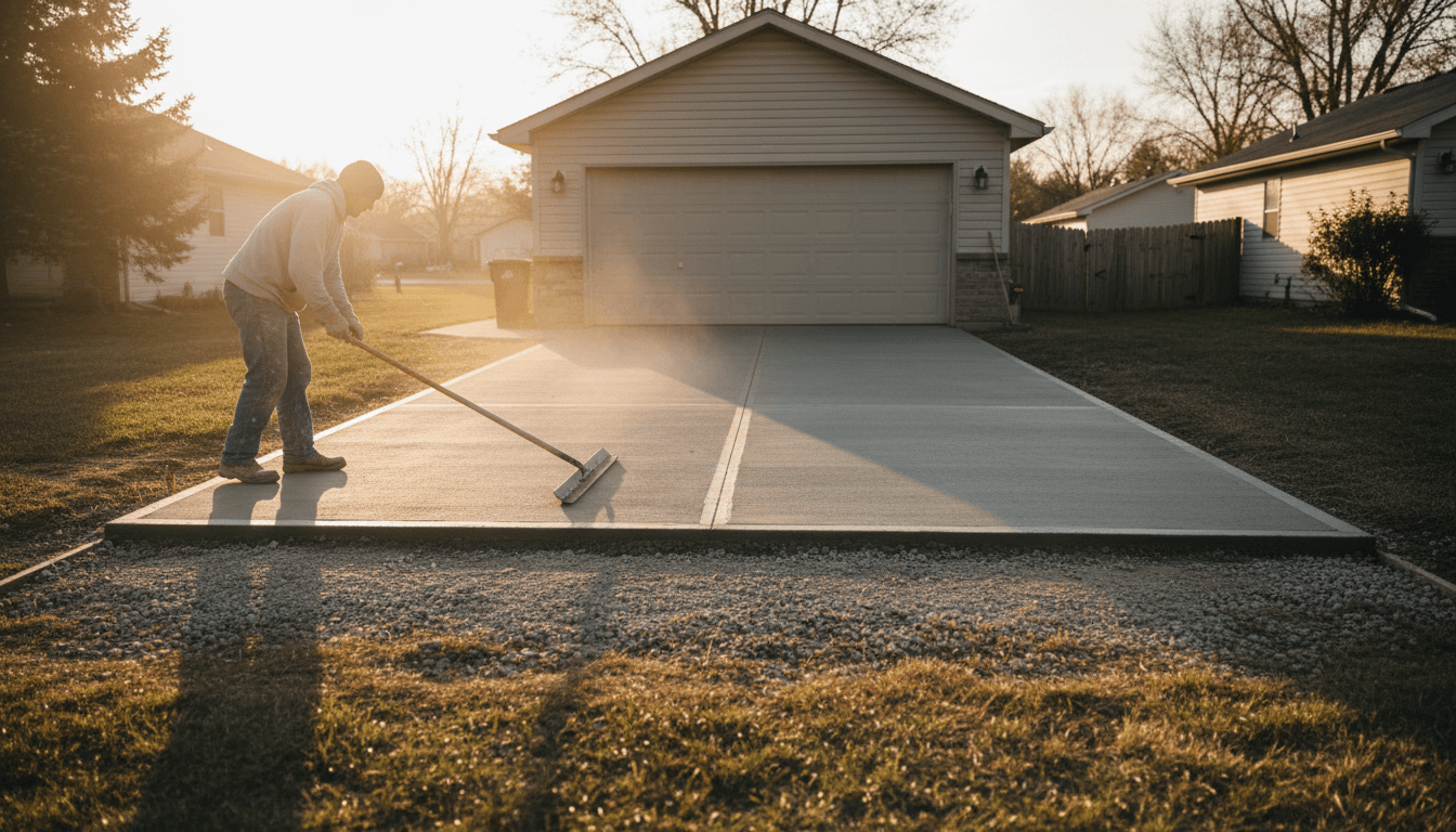 Freshly poured residential concrete driveway with a worker smoothing the surface
