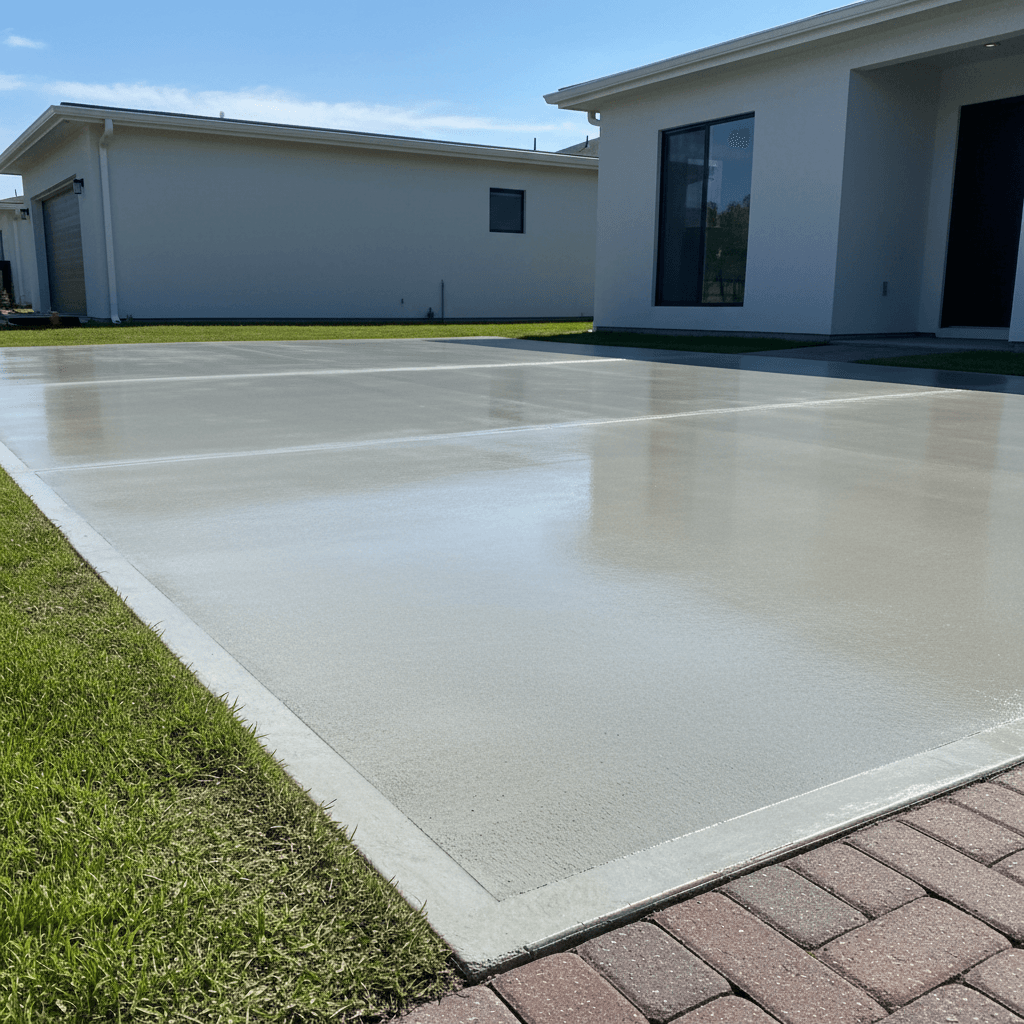 Freshly poured concrete driveway with smooth finish and clean edges