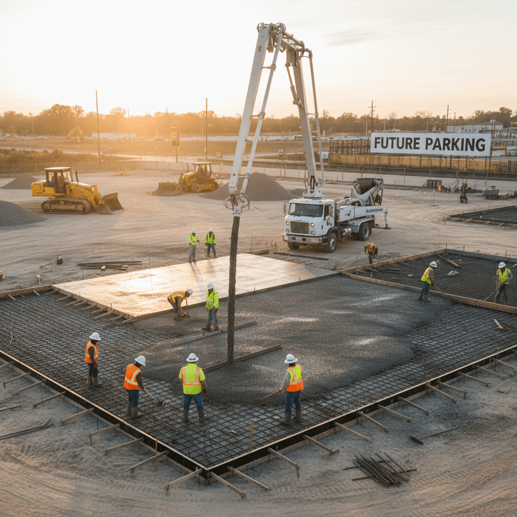 Parking lot concrete construction with heavy equipment