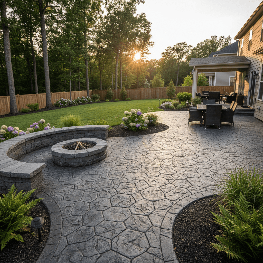 Asphalt-stamped concrete patio with textured surface