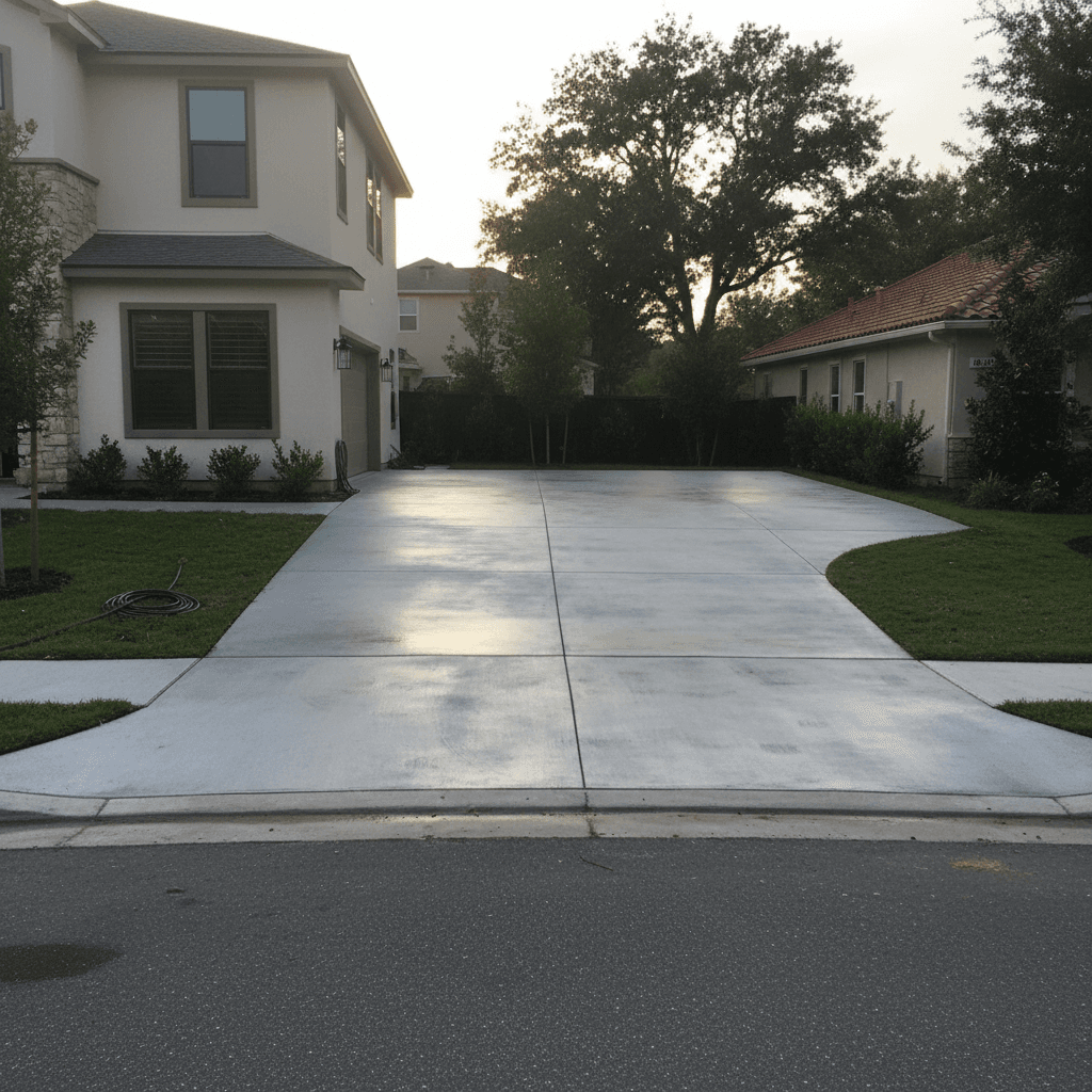 Fresh concrete driveway pour with smooth gray finish in Commerce City residential neighborhood