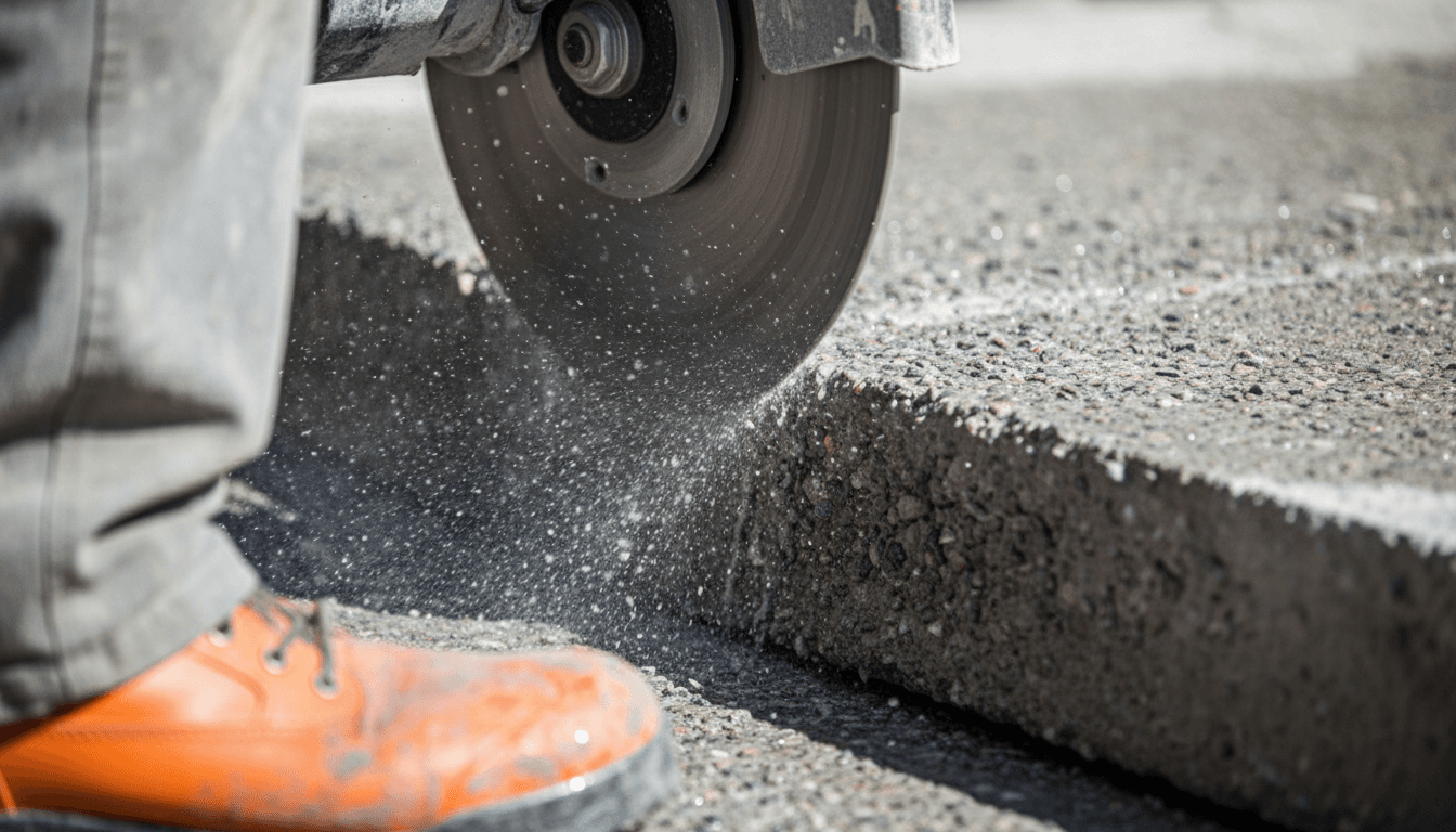 Diamond blade saw cutting through concrete on a commercial job site