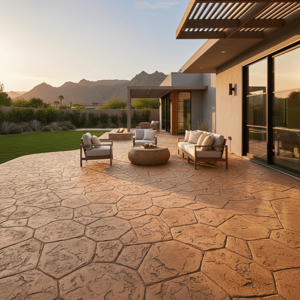 Stamped concrete patio with flagstone pattern in warm earth tones