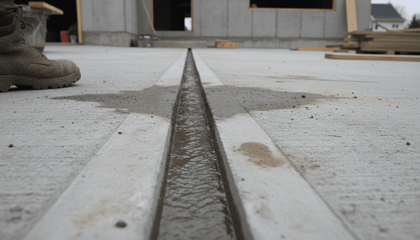 Concrete drainage channel with water flowing through it beside a driveway