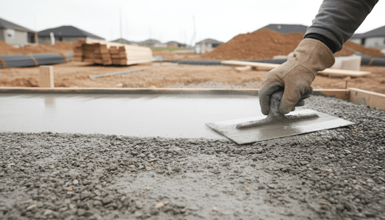 Fresh concrete being smoothed by a trowel on a residential driveway