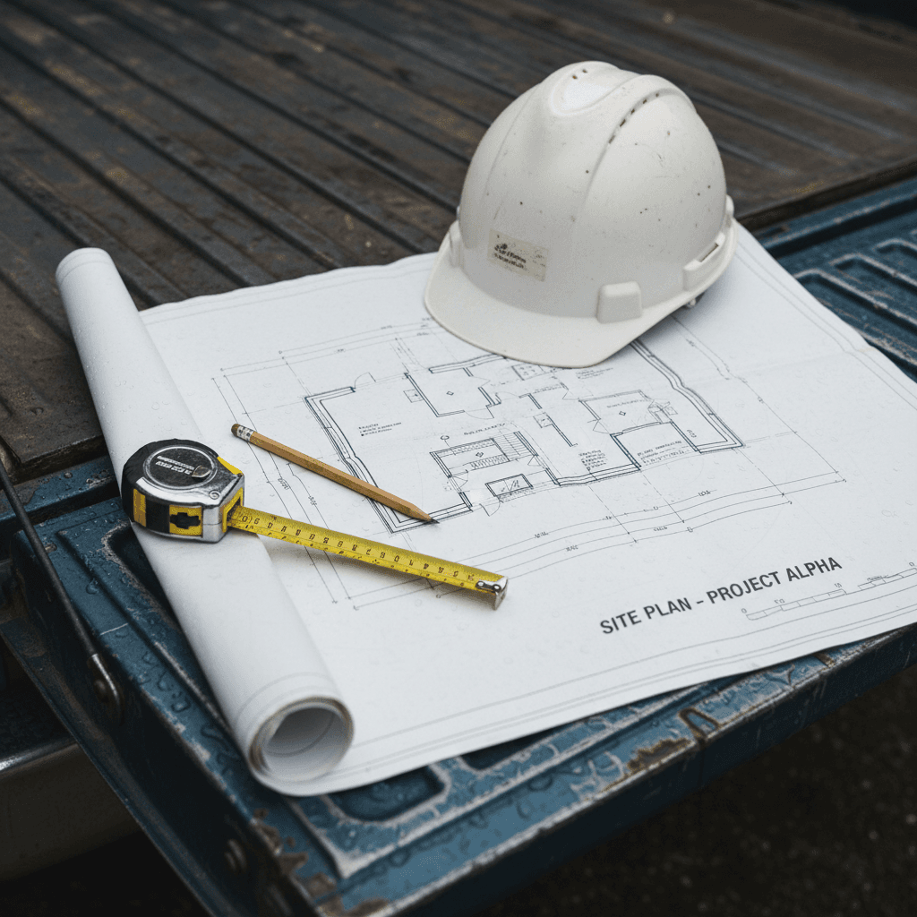 Concrete blueprint on work truck tailgate