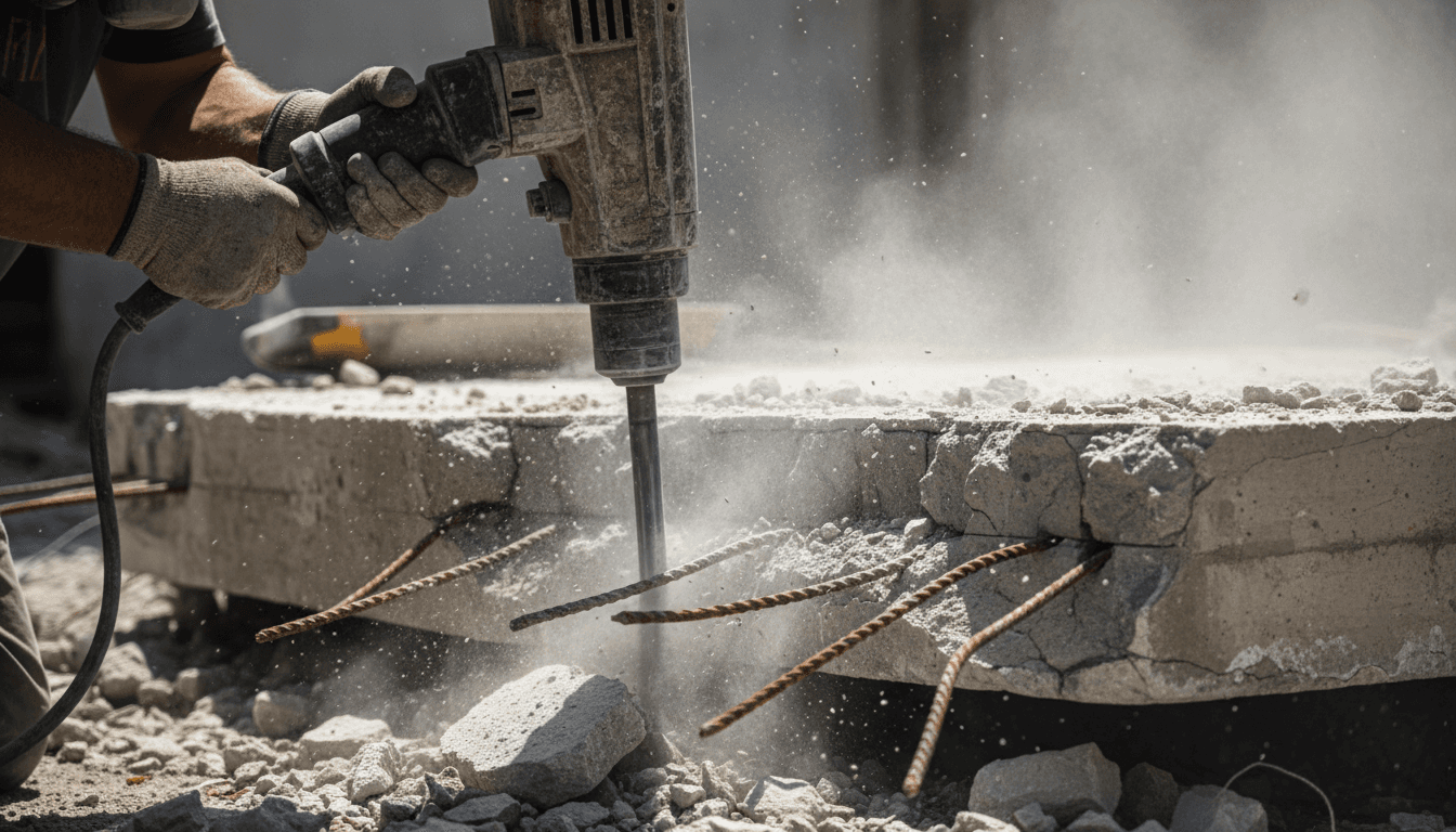 Jackhammer breaking up old concrete slab during demolition