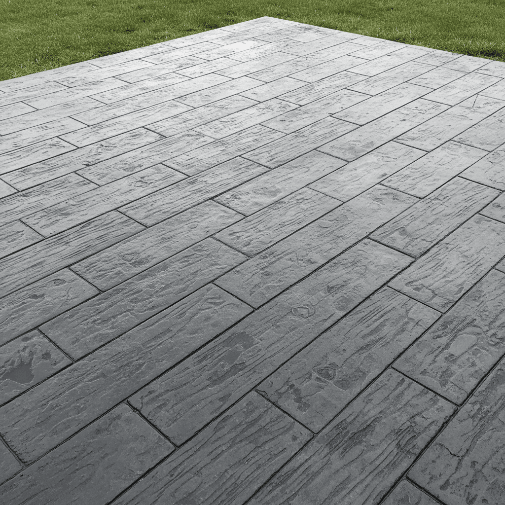 Freshly poured concrete patio with wood grain stamp pattern
