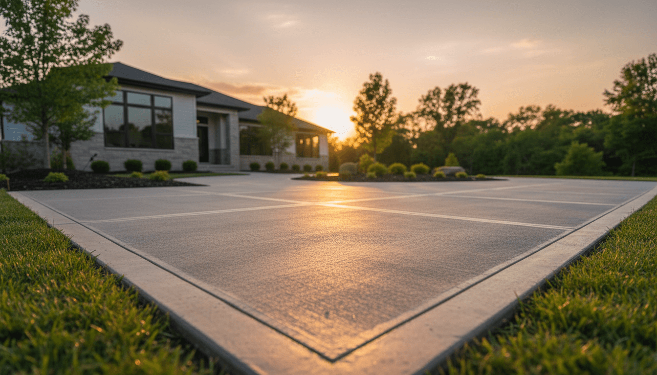 Freshly poured concrete driveway with smooth finish and clean edges in front of modern house