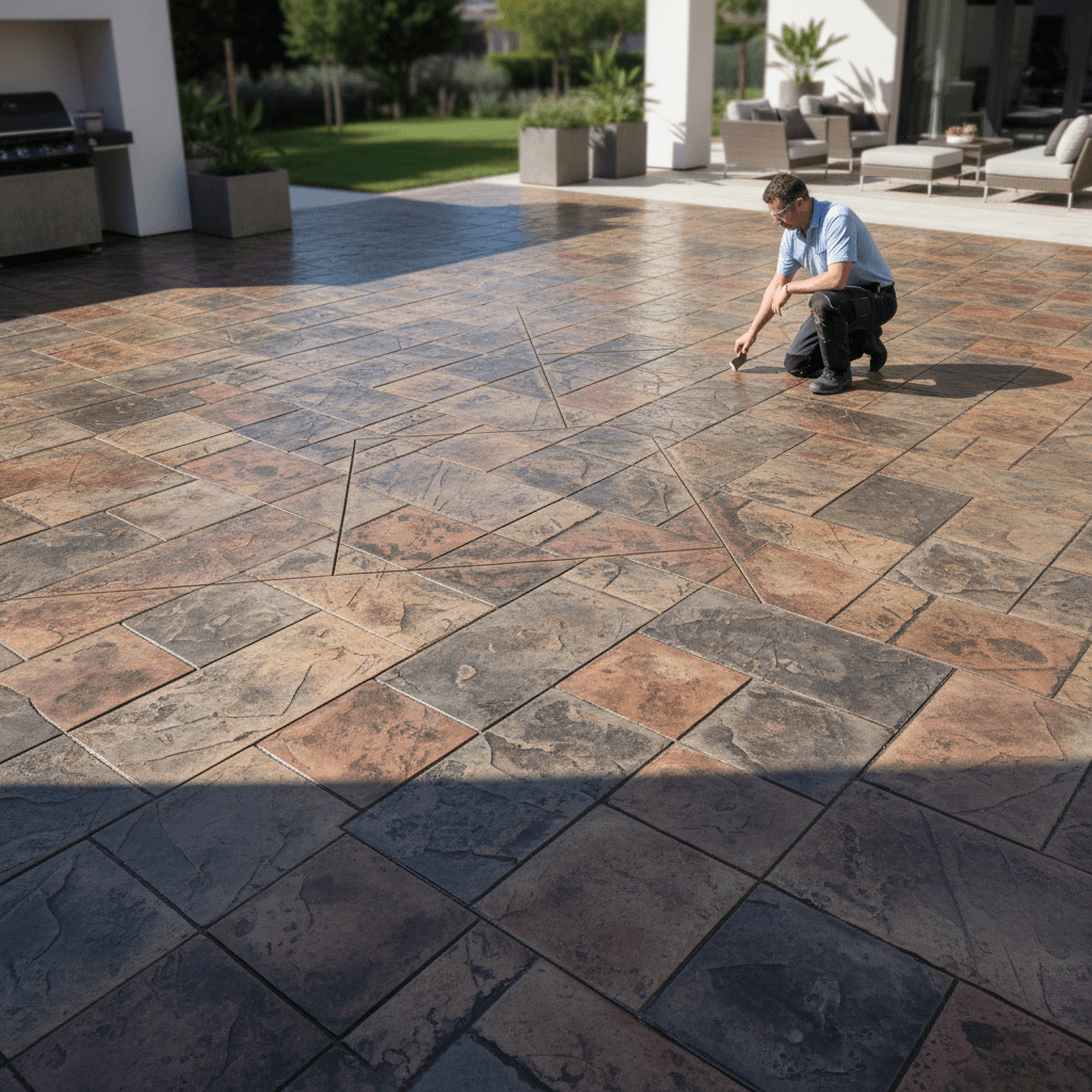 Concrete worker smoothing a freshly poured stamped driveway surface