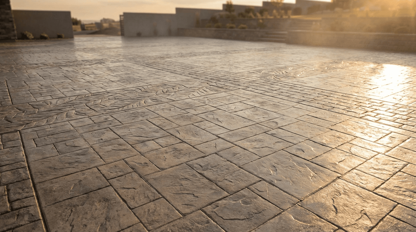 Freshly poured concrete driveway with stamped border and tools off to the side, late afternoon light, Commerce City, Colorado